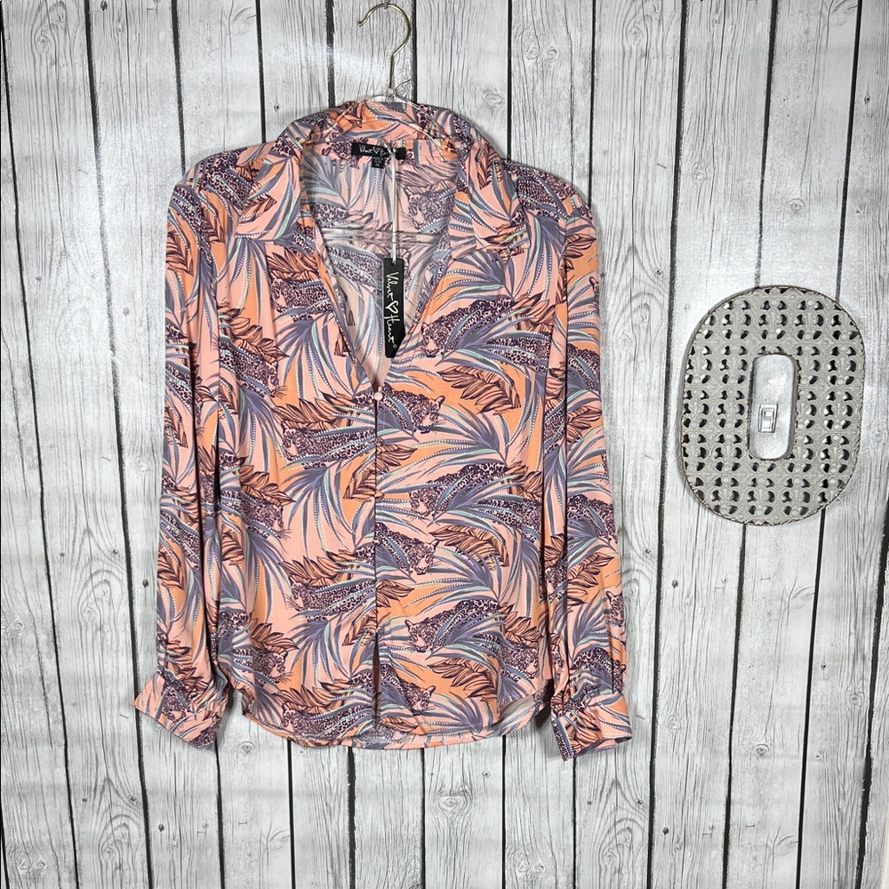 Velvet Heart Tropical Boho Pink Tiger Button Front Blouse Woman Size M